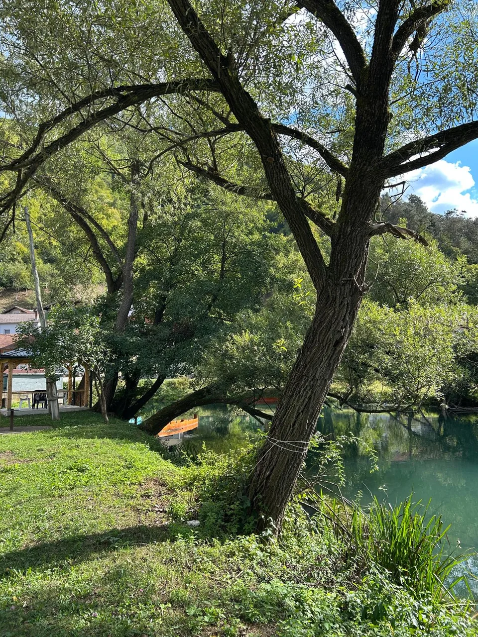 Bäume, Pavillon und Holzboot am Ufer der Pliva