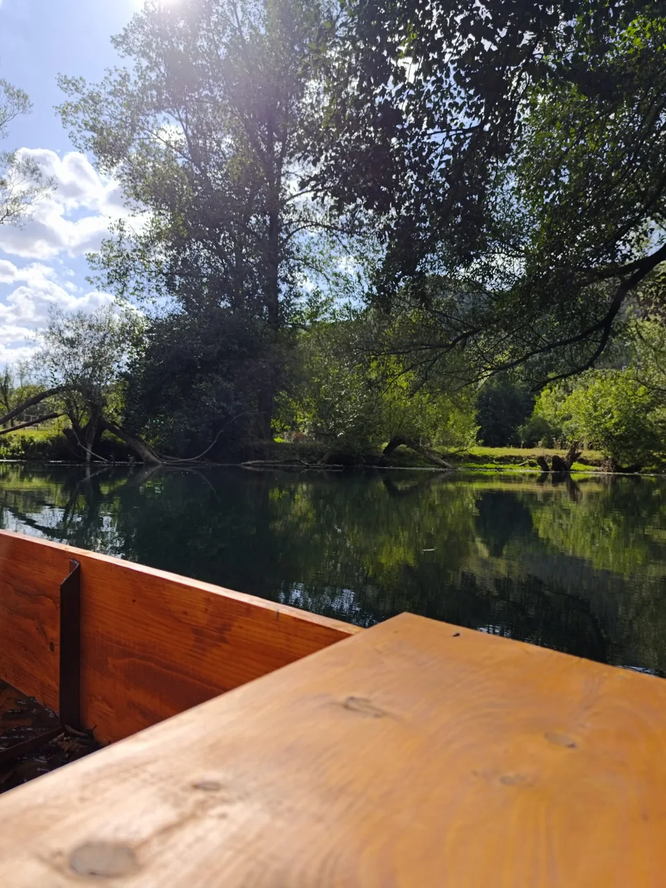 Blick aus dem Holzboot auf die Pliva und das grüne Ufer